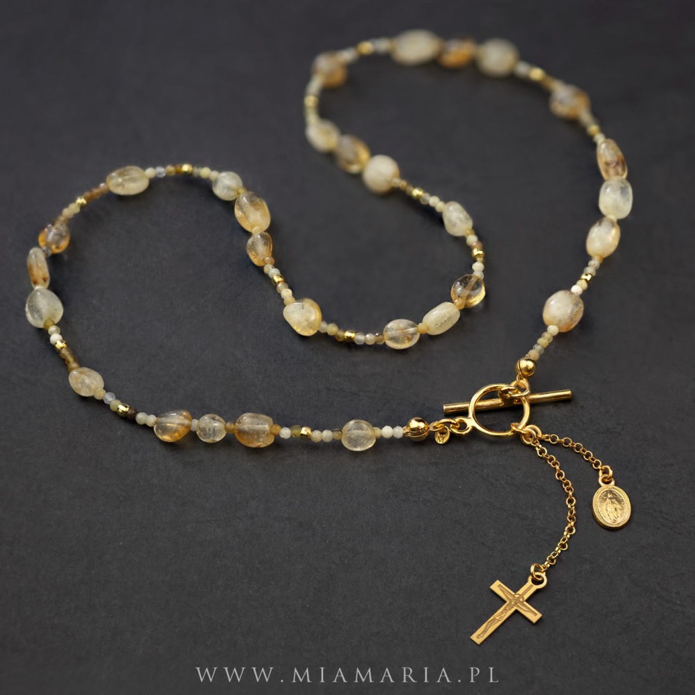 Naszyjnik z cytrynu  (MiaMaria) z Krucyfiksem i Cudownym Medalikiem